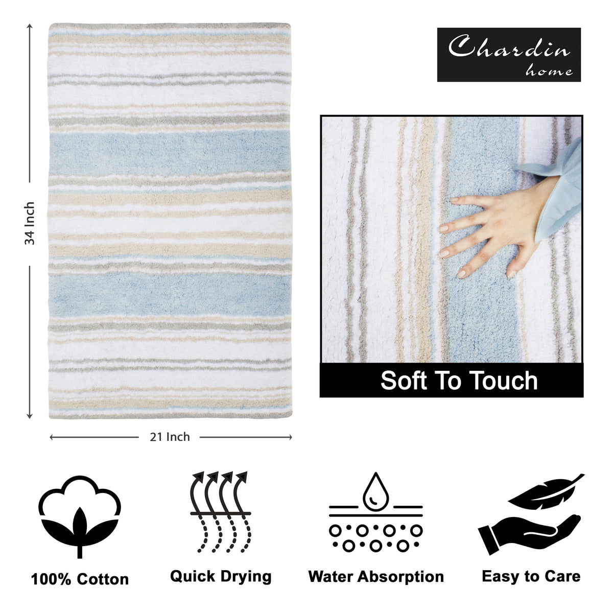 Maui Bath Mat - Coastal Blue/Beige/White, 21"x34"