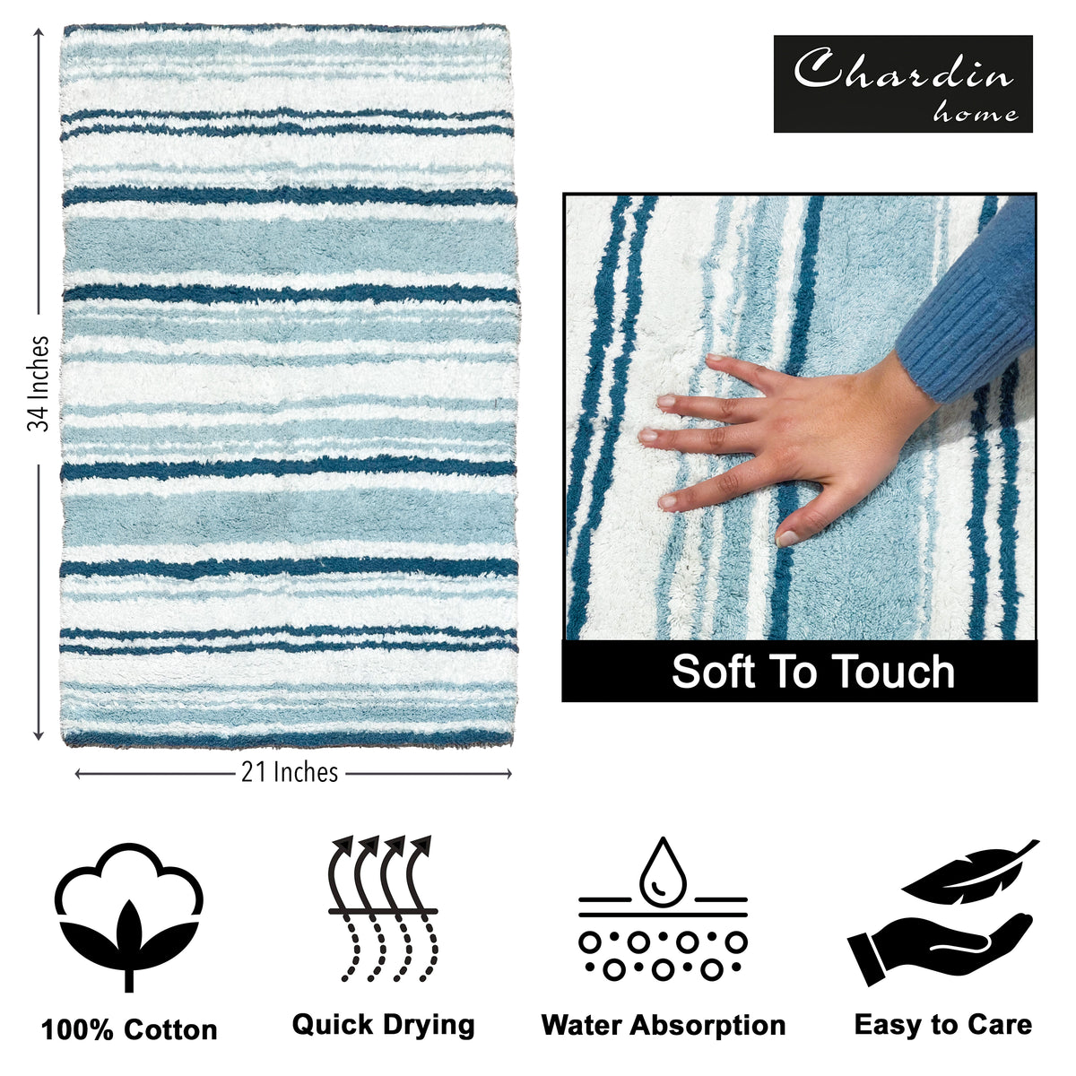 Maui Bath Mat - White-Blue, 21"x34"