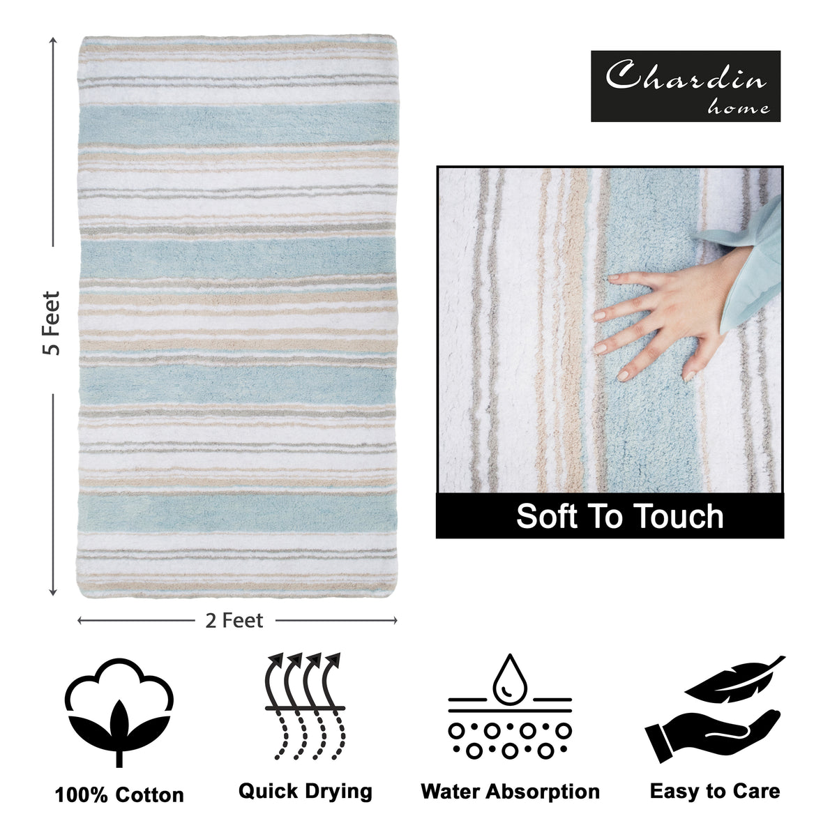Maui Bath Runner - Coastal Blue/Beige/White, 24"x60"
