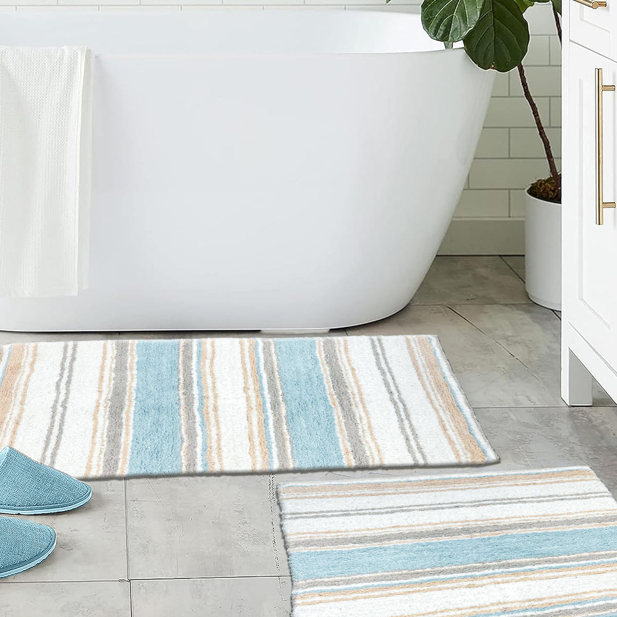 Maui 2 Pc Bath Set-Coastal Blue Beige-White,21''X34''/17''X24''