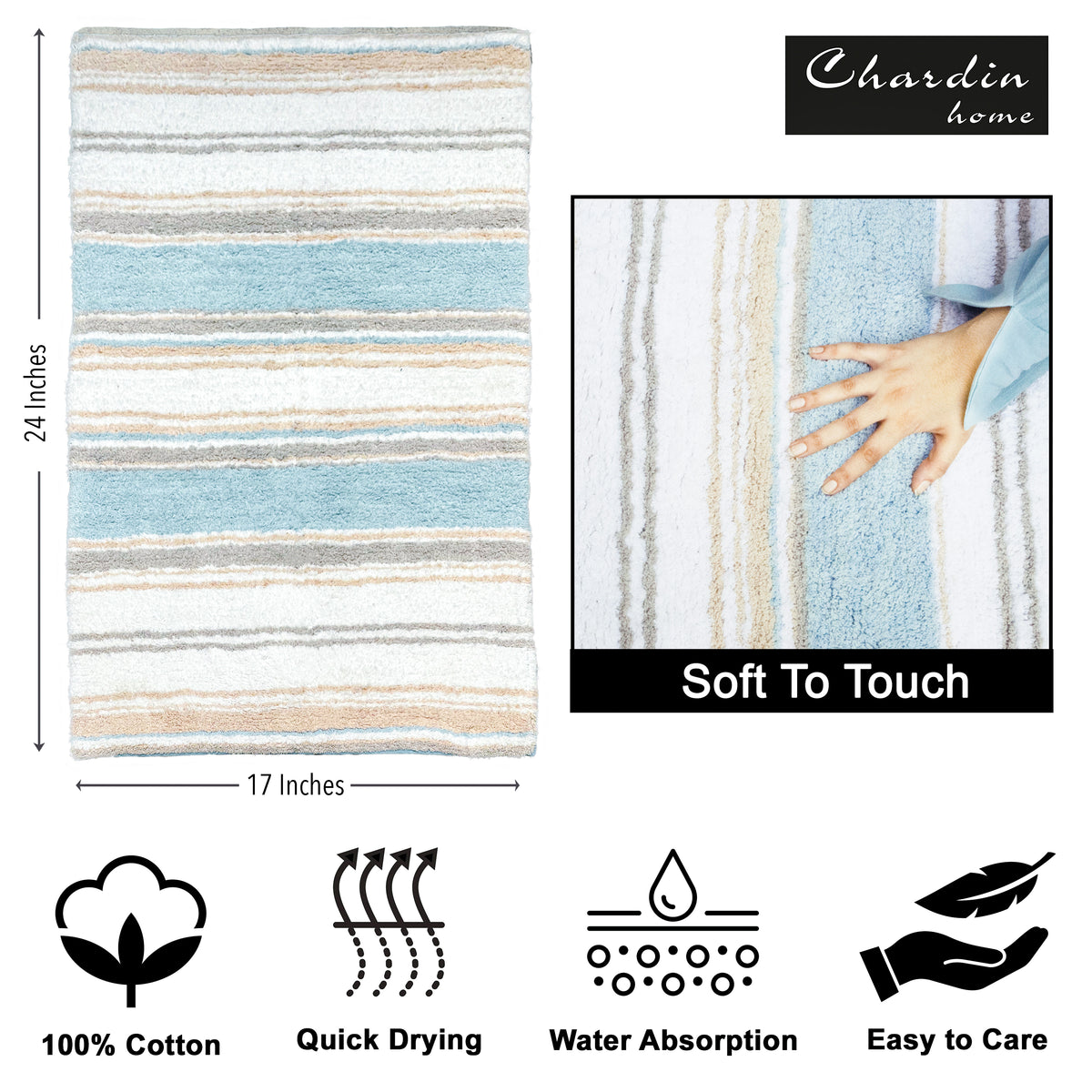 Maui Bath Mat - Coastal Blue/Beige/White, 17"x24"