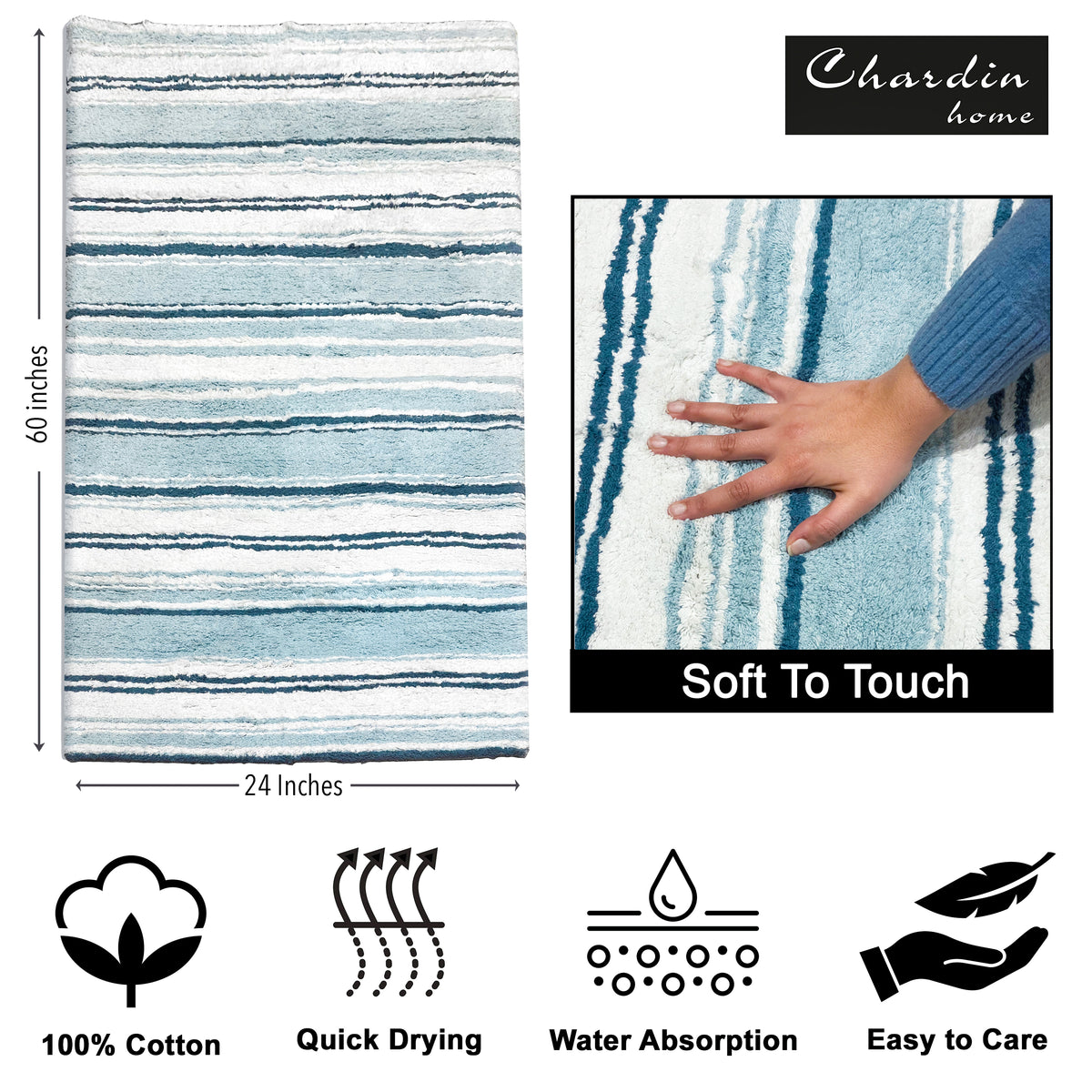 Maui Bath Runner - White-Blue, 24"x60"