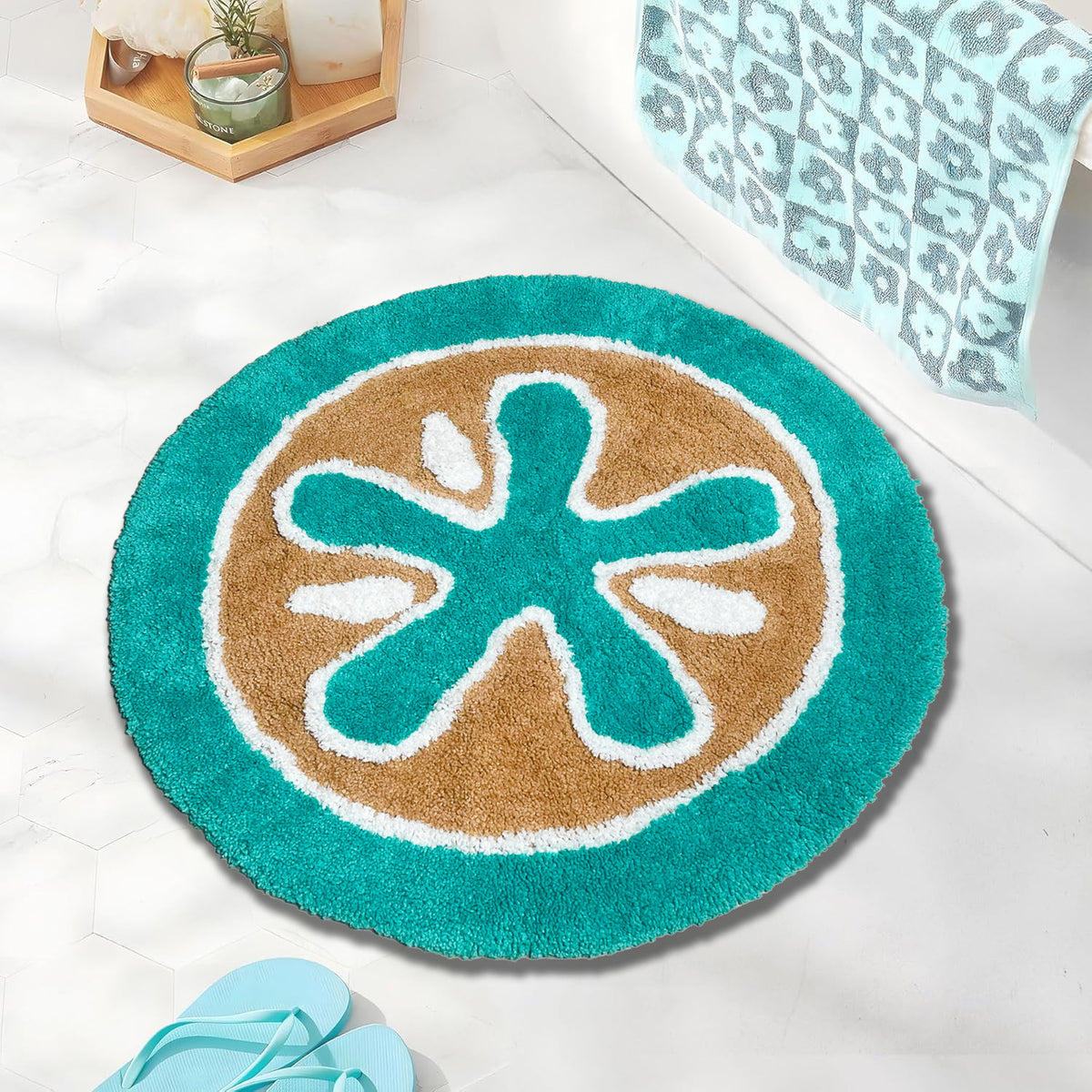 Star Fish Bath Rug - Dk. Turquoise/Mocha Beige, 27" Round.
