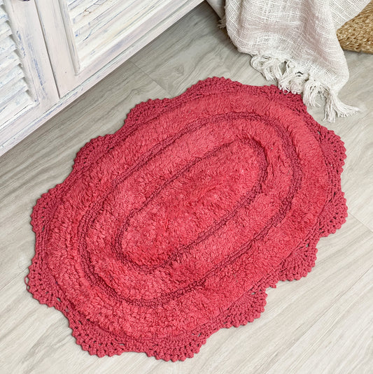 CROCHET OVAL BATH MAT, 17''x24'', CORAL PINK