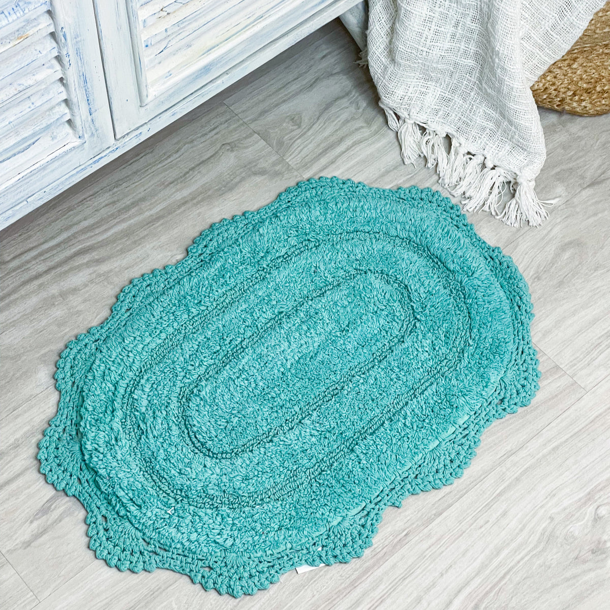 CROCHET OVAL BATH MAT, 17''x24'', TURQUOISE