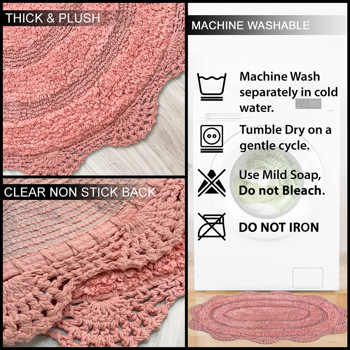 CROCHET SEMI CIRCLE BATH MAT, BLUSH, 20''x32'' 100% COTTON
