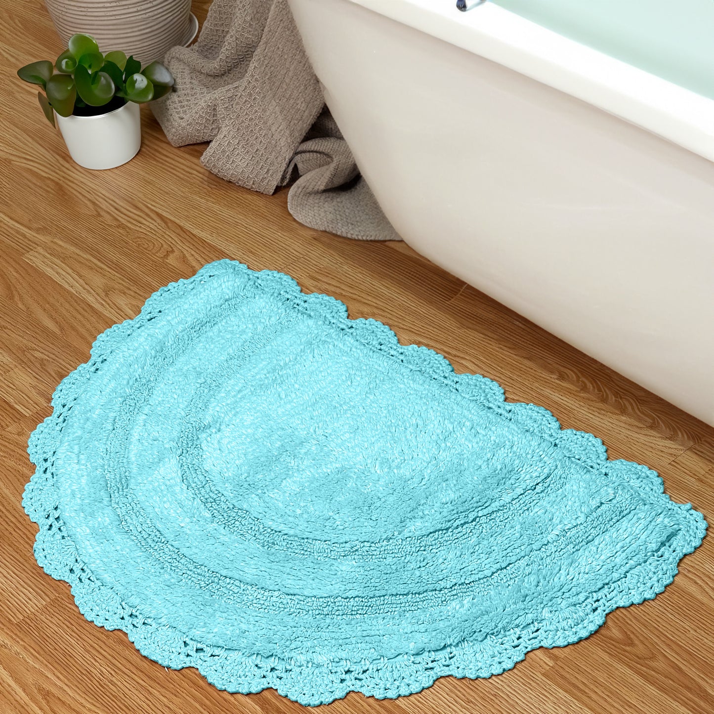 CROCHET SEMI CIRCLE BATH MAT, TURQUOISE, 20''x32'' 100% COTTON