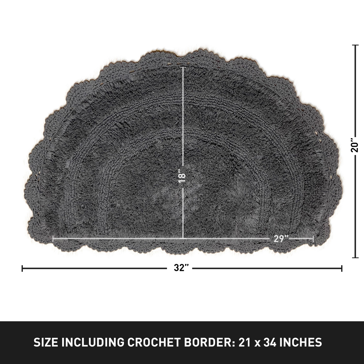 Crochet Semi Circle Bath Mat, Griffin Gray, 20'' X 32''