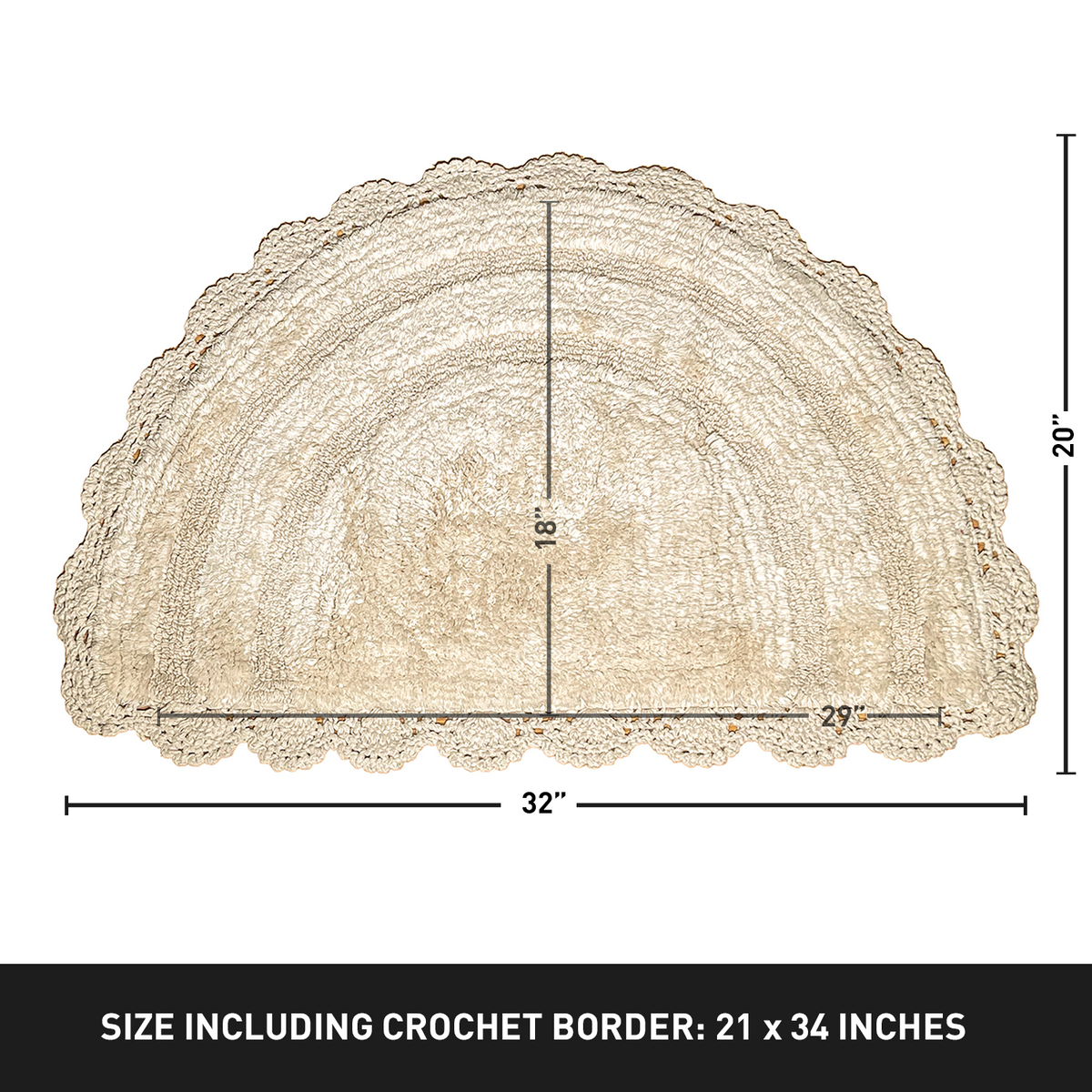 CROCHET SEMI CIRCLE BATH MAT, IVORY, 20''x32'' 100% COTTON
