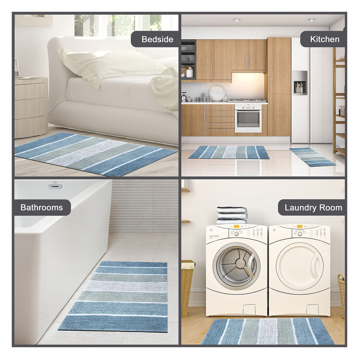 Cordural Stripe Bath Rug cotton 17''x24''-Blue-White