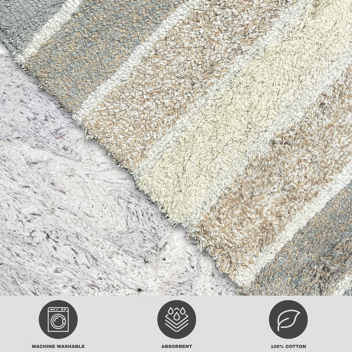 Cordural Stripe Bath Rug cotton 17''x24''-Grey-Beige