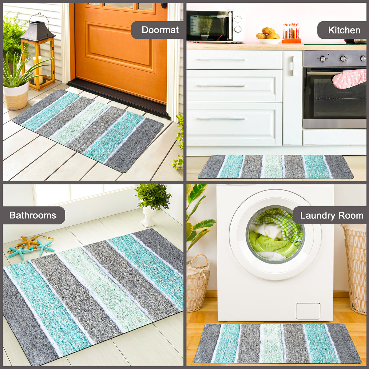 Cordural Stripe Bath Rug cotton 17''x24''-Mint Green-Grey
