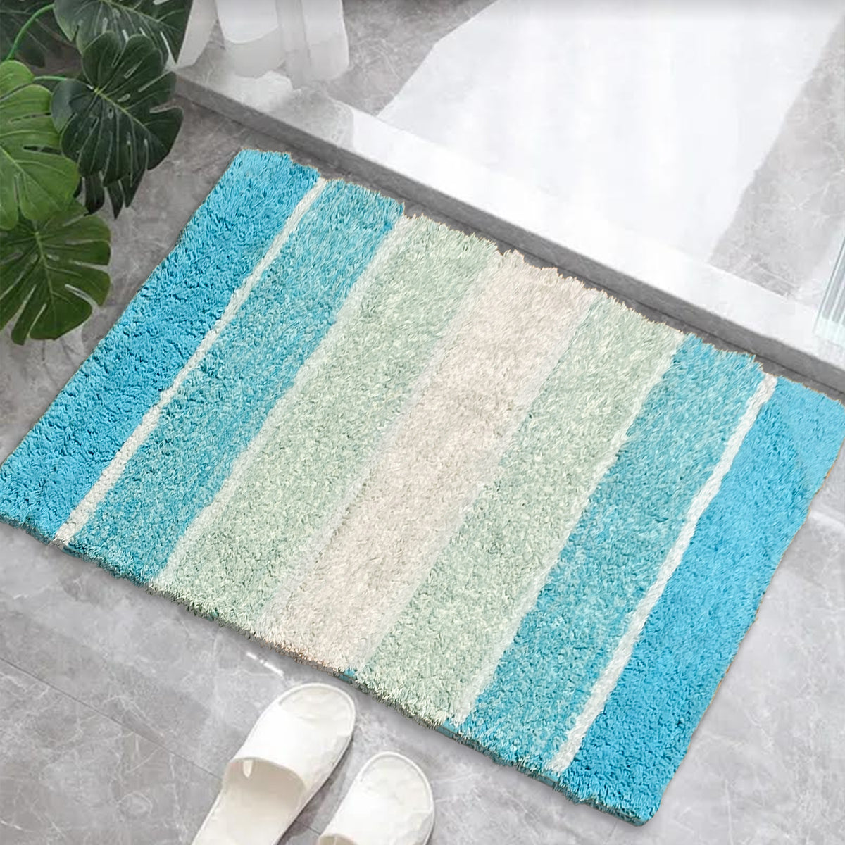 Cordural Stripe Bath Rug cotton 21''x34''-Aqua-Turquoise