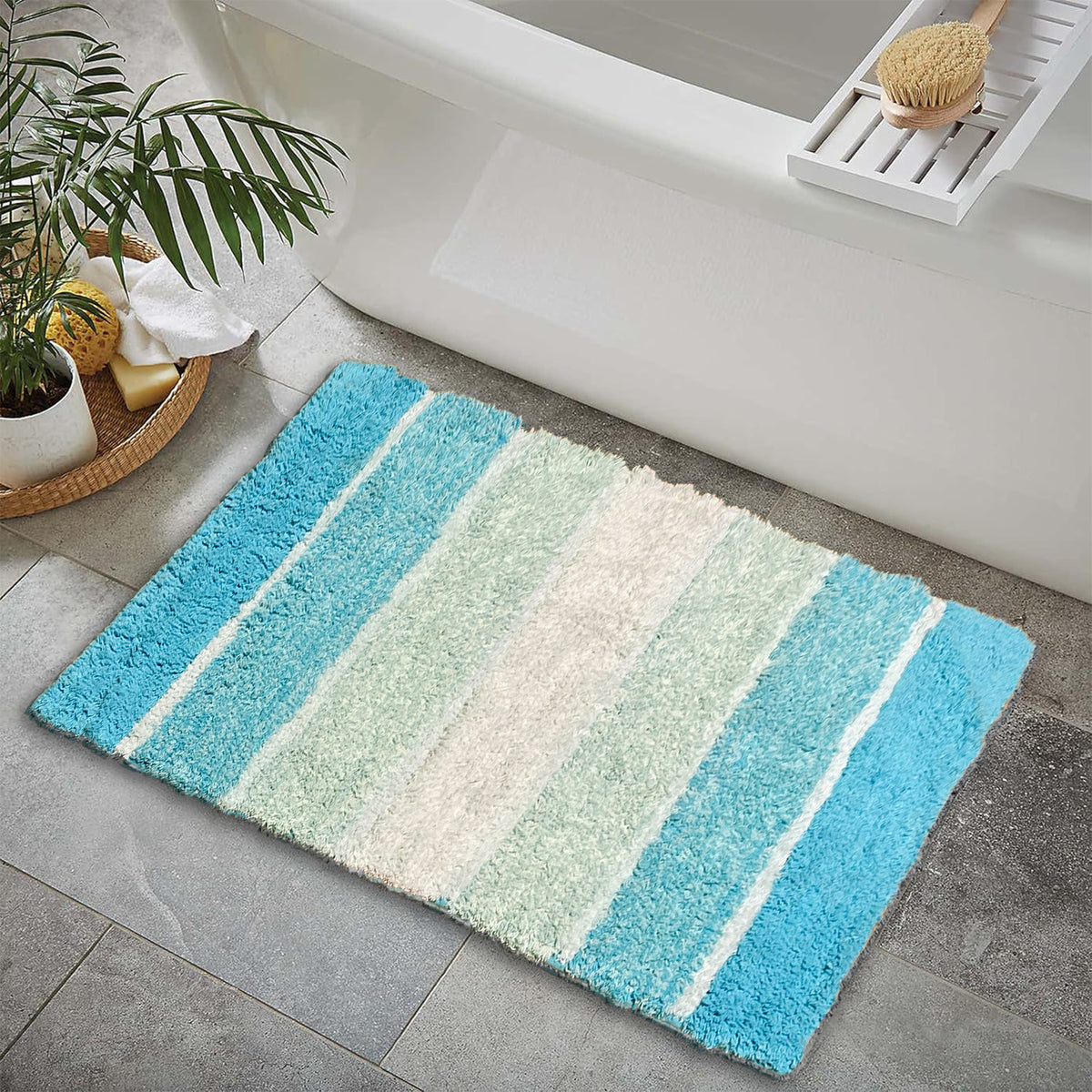 Cordural Stripe Bath Rug cotton 24''x40''-Aqua-Turquoise