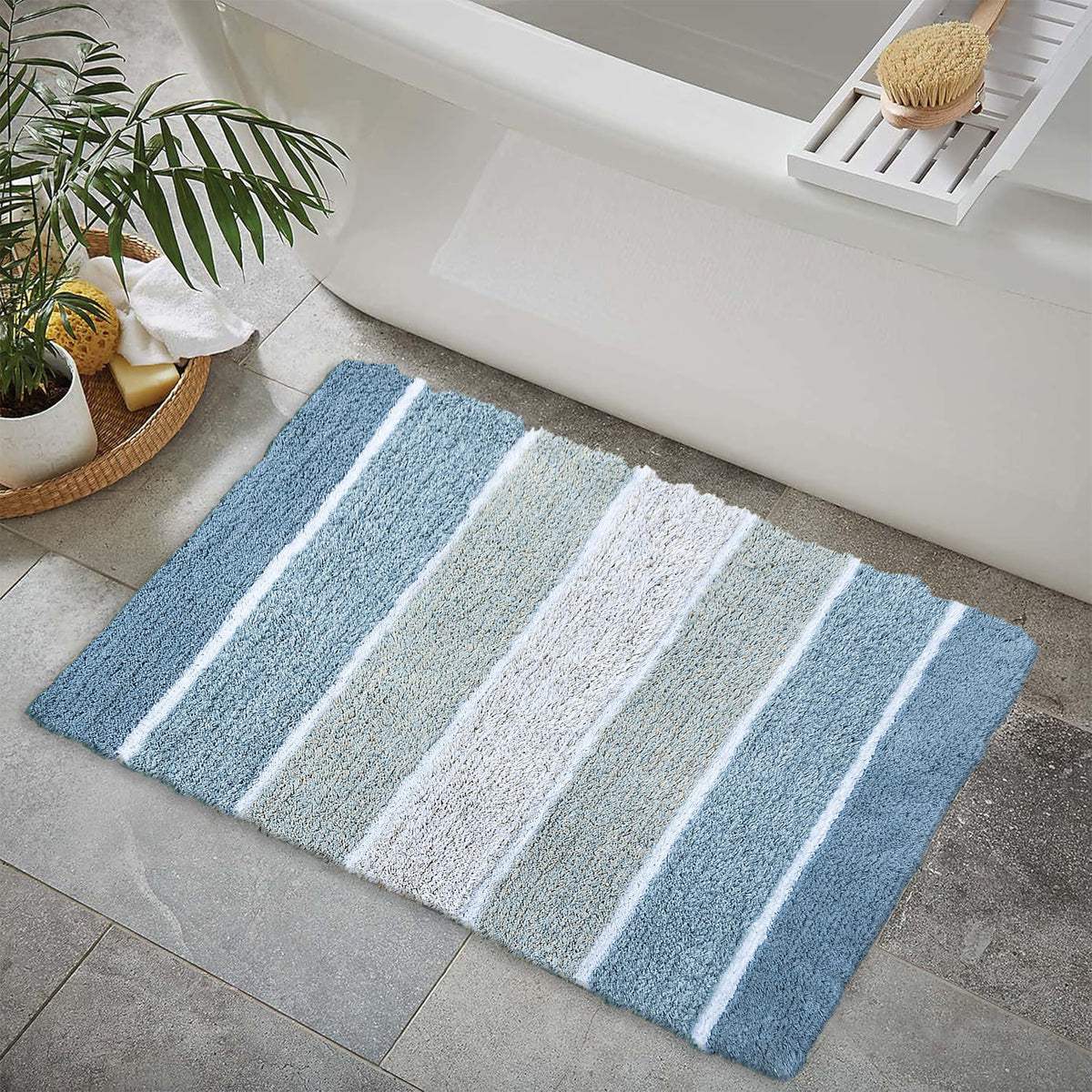 Cordural Stripe Bath Rug cotton 24''x40''-Blue-White