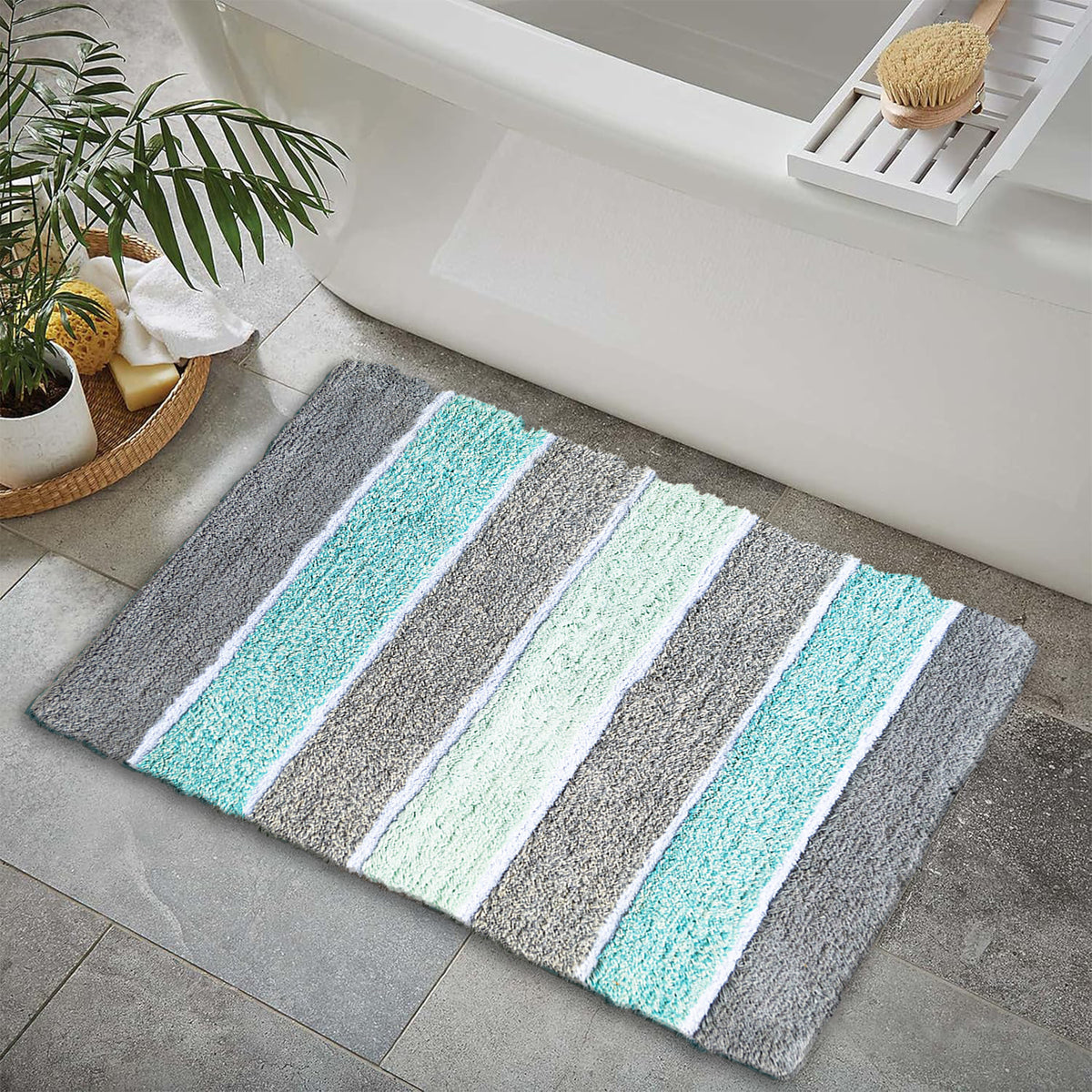 Cordural Stripe Bath Rug cotton 24''x40''-Mint Green-Grey