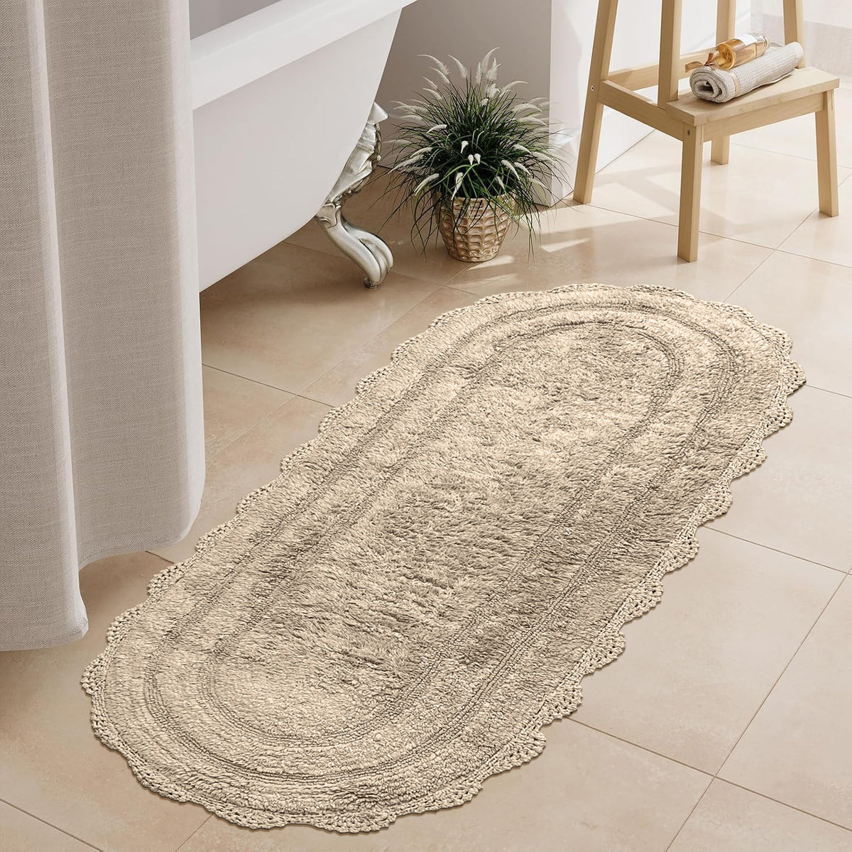 CROCHET SEMI CIRCLE BATH RUNNER, BEIGE, 24''x60'' 100% COTTON