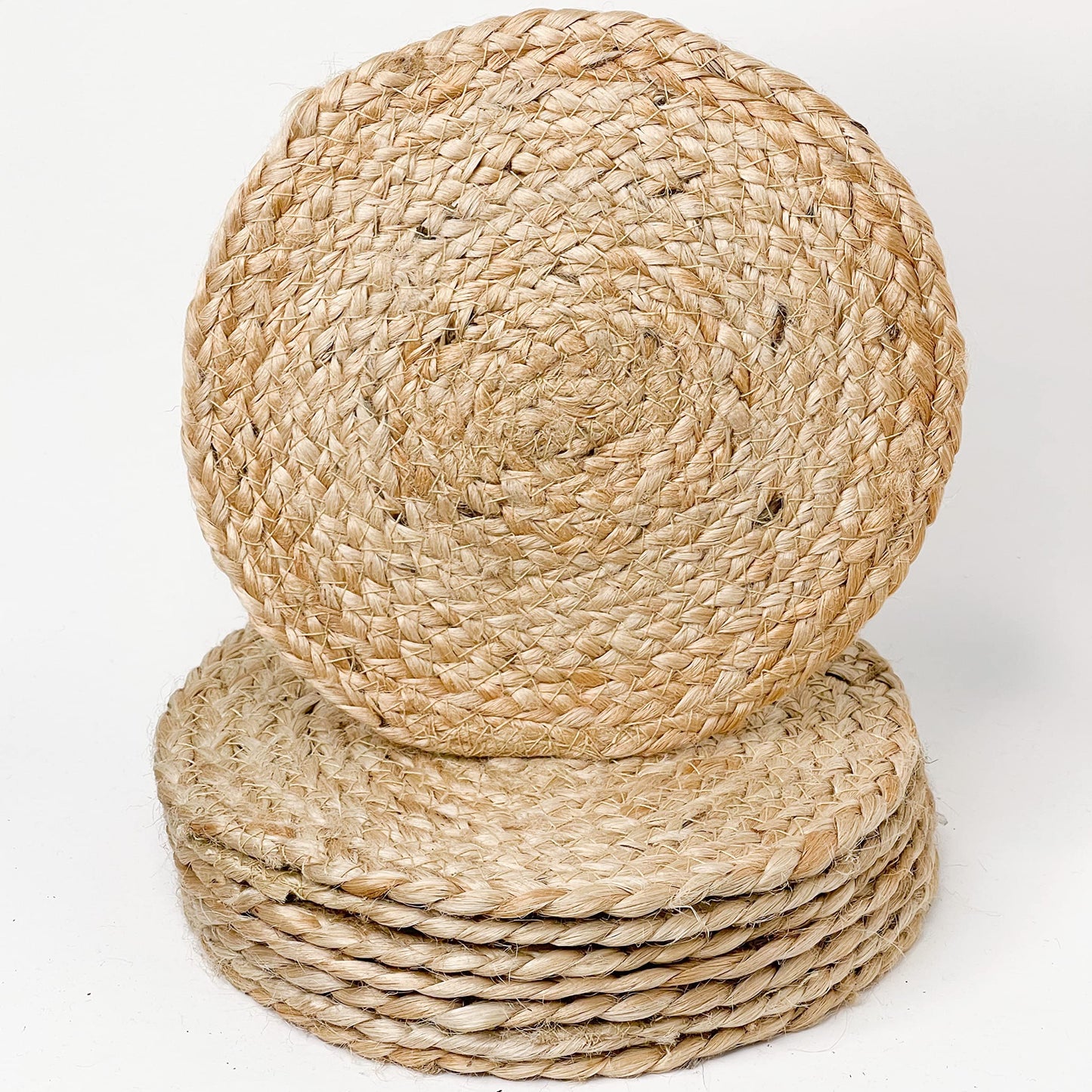 BRAIDED TRIVET  ( 4 PCS SET )-NATURAL JUTE-8'' ROUND.