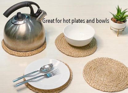 BRAIDED TRIVET  ( 4 PCS SET )-NATURAL JUTE-8'' ROUND.