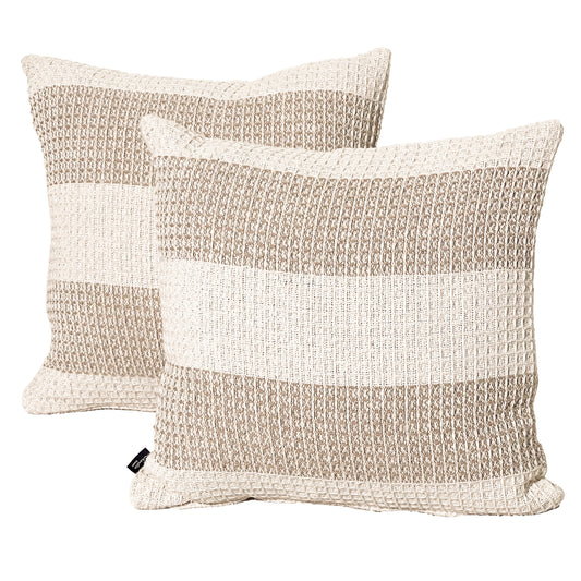 Waffle Stripe Pillow Cover Set Of 2 - Beige-Ivory, 18''x18''