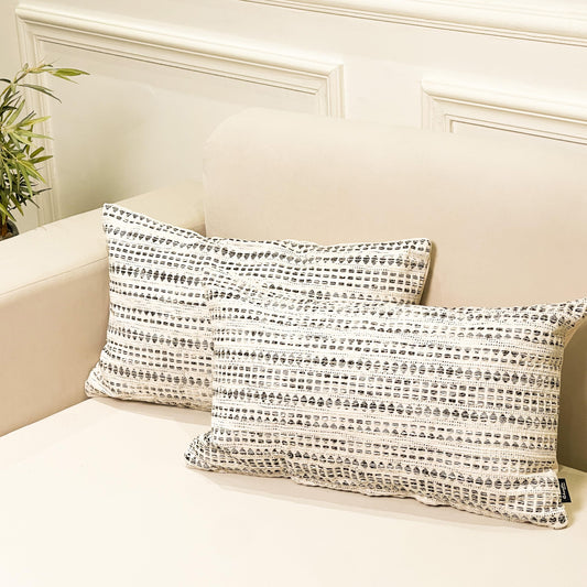 Lana Pillow Cover Set Of 2 - Ivory-Black, 12''x20''