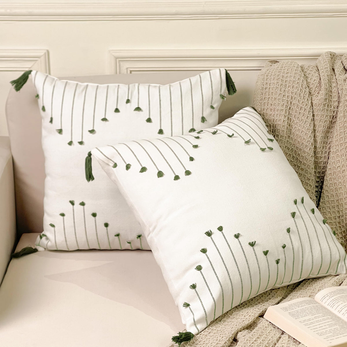 Poppy Pillow Cover Set Of 2 - Ivory-Sage Green, 18''x18''