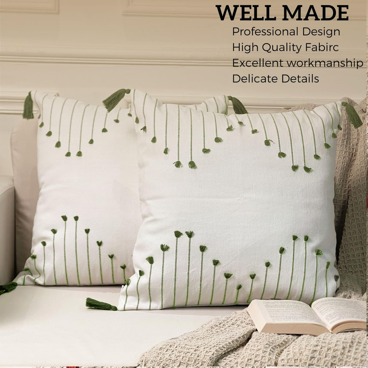 Poppy Pillow Cover Set Of 2 - Ivory-Sage Green, 18''x18''