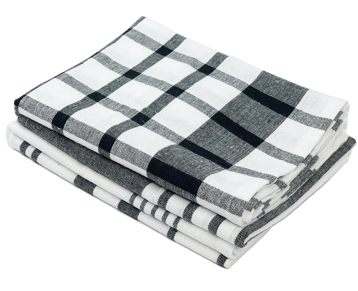 WOVEN KITCHEN TOWELS SET OF  4, Black-White, 18''x28''.