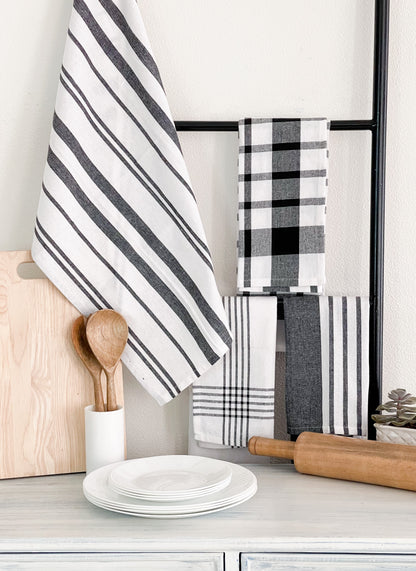 WOVEN KITCHEN TOWELS SET OF  4, Black-White, 18''x28''.