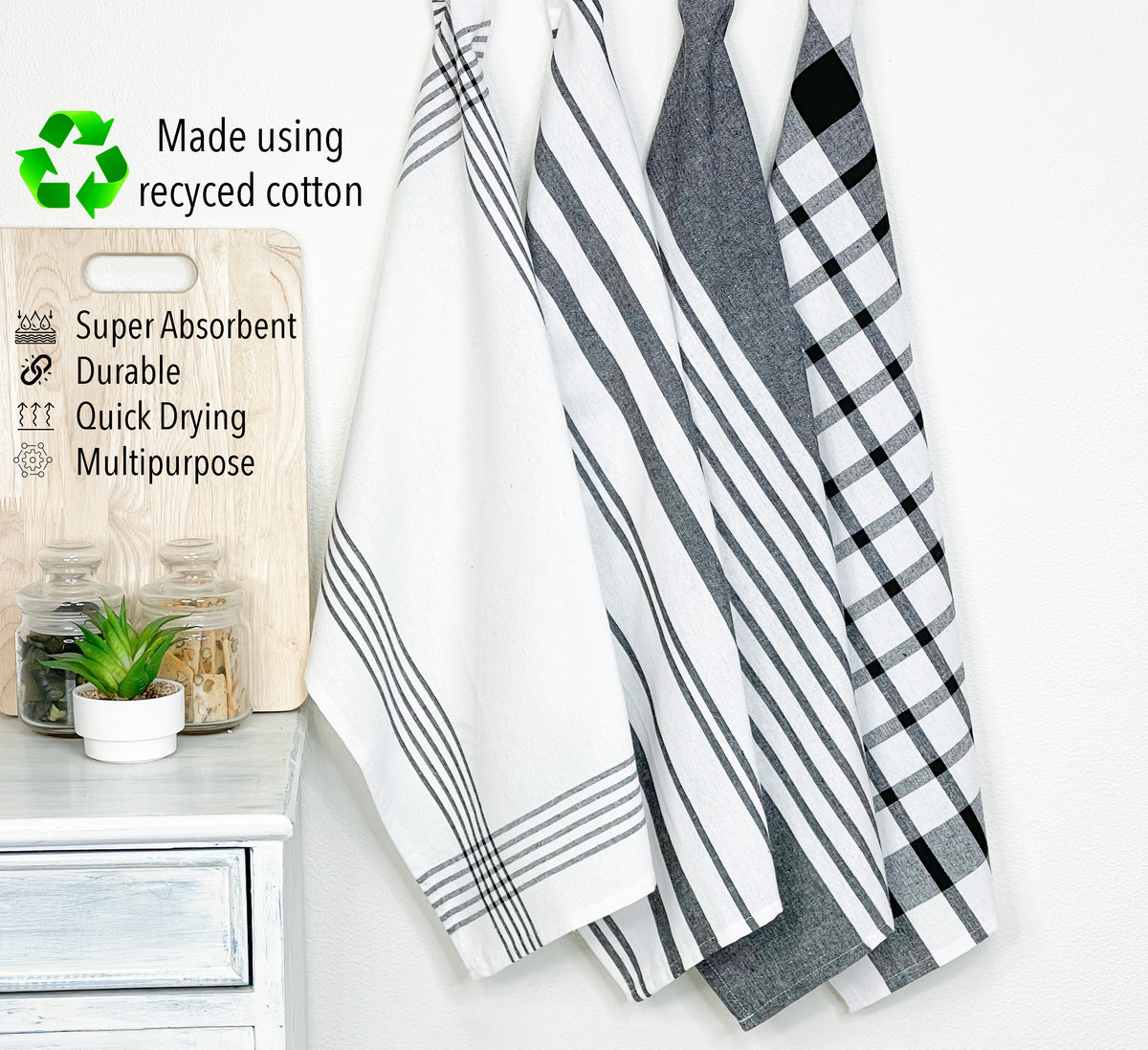 WOVEN KITCHEN TOWELS SET OF  4, Black-White, 18''x28''.