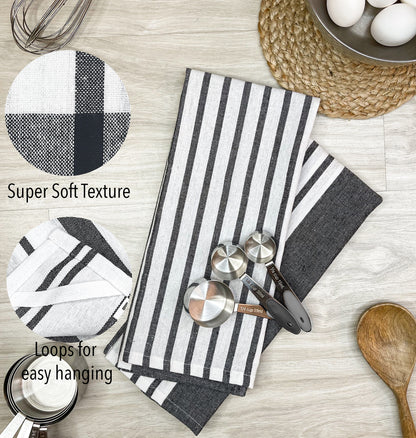 WOVEN KITCHEN TOWELS SET OF  4, Black-White, 18''x28''.