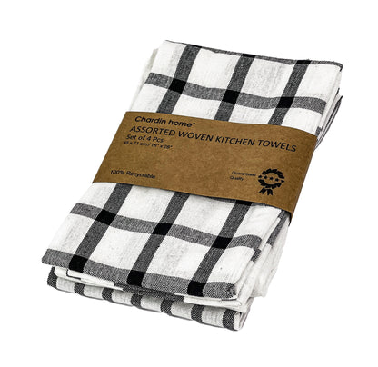 WOVEN KITCHEN TOWELS SET OF  4, Black-White, 18''x28''.