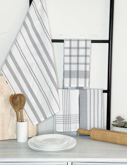 WOVEN KITCHEN TOWELS SET OF  4, Grey-White, 18''x28''.
