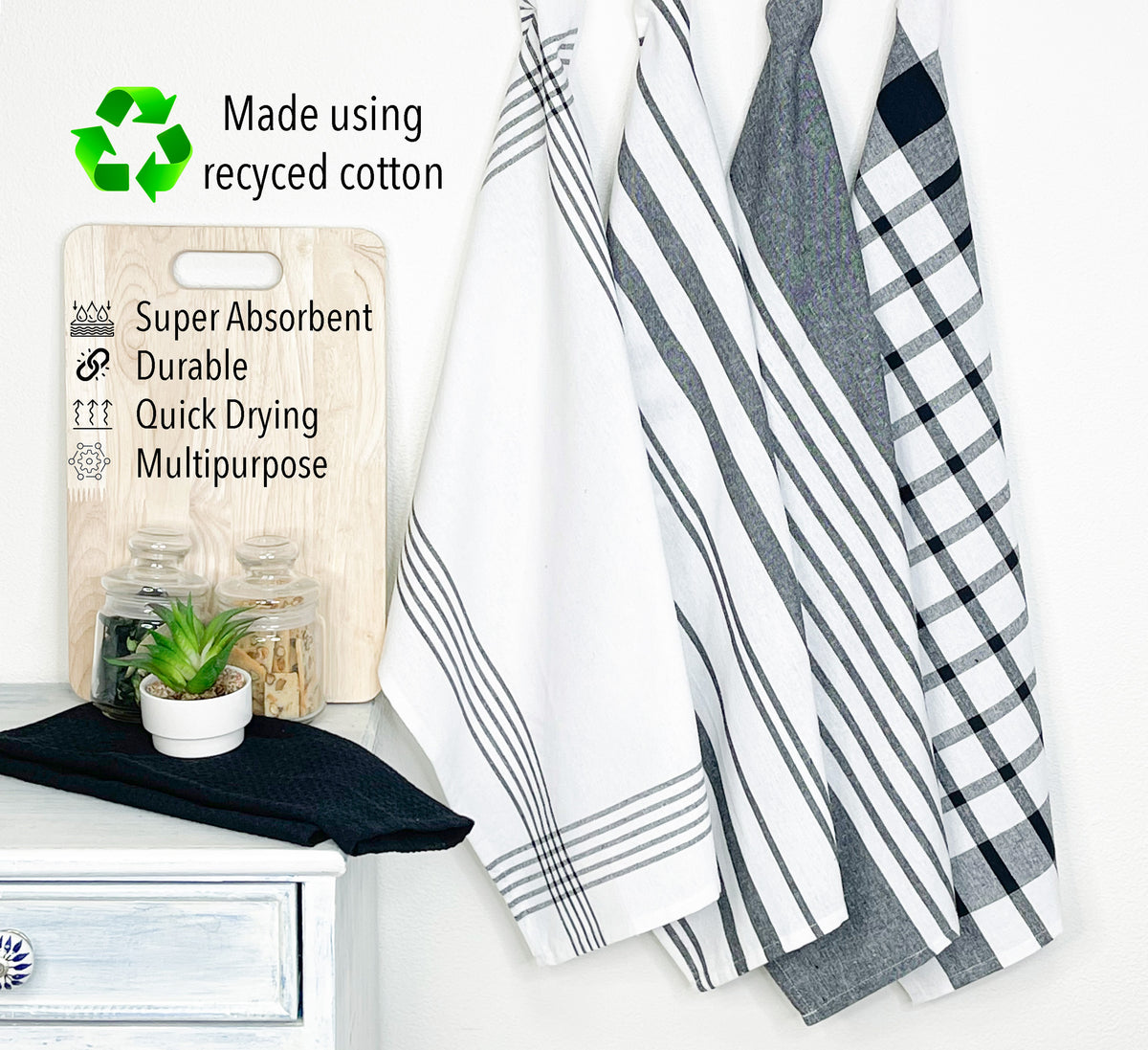 CUCINA KITCHEN TOWELS SET OF 8, 18''x28'', Black & White