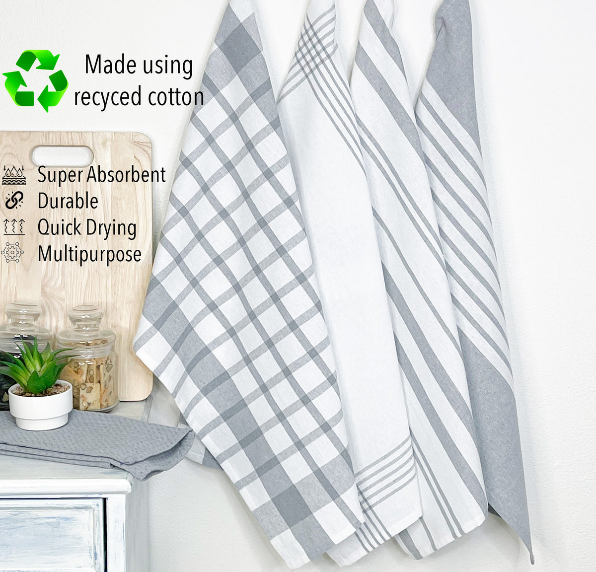 CUCINA KITCHEN TOWELS SET OF 8, 18''x28'', Grey & White