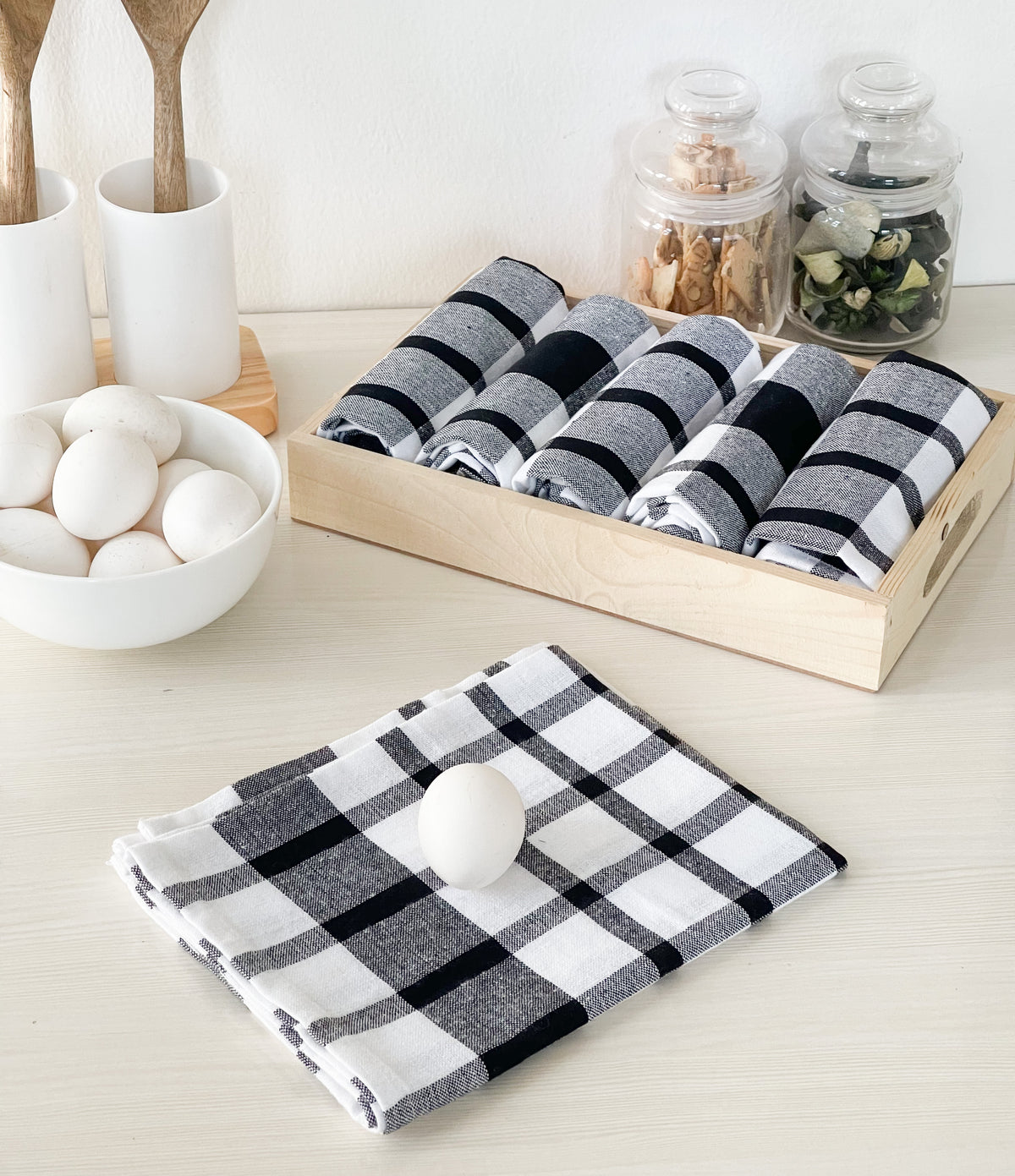 KITCHEN TOWEL SET OF 6 CHECKS, 18''x28'', BLACK-WHITE