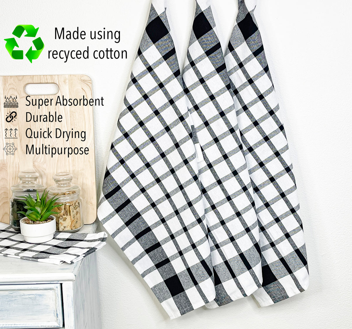 KITCHEN TOWEL SET OF 6 CHECKS, 18''x28'', BLACK-WHITE