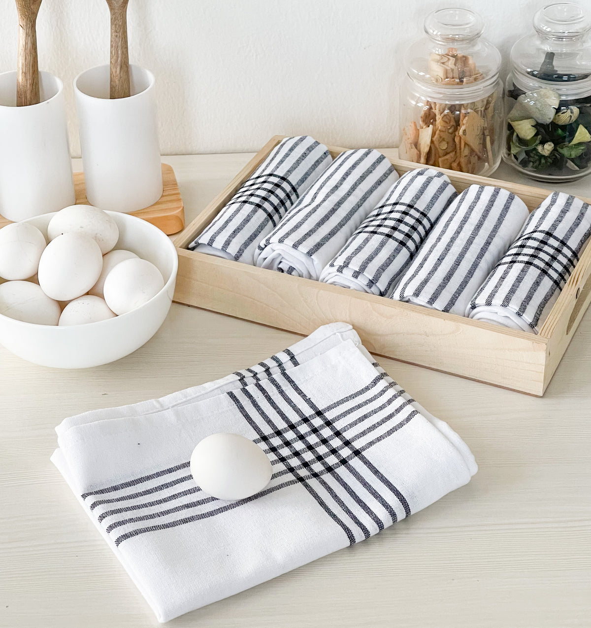 KITCHEN TOWEL SET OF 6 BORDER STRIPES, 18''x28'',BLACK-WHITE