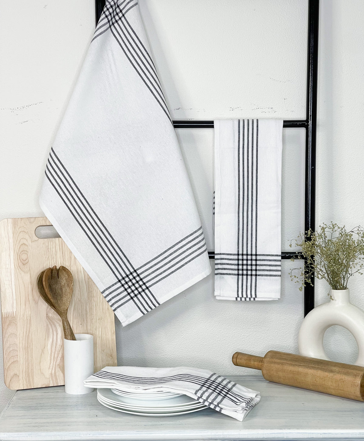 KITCHEN TOWEL SET OF 6 BORDER STRIPES, 18''x28'',BLACK-WHITE