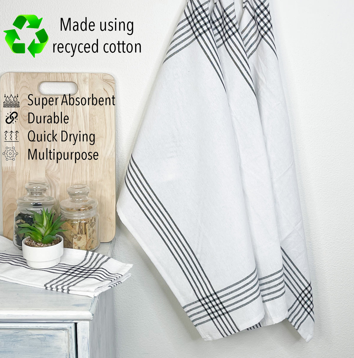 KITCHEN TOWEL SET OF 6 BORDER STRIPES, 18''x28'',BLACK-WHITE