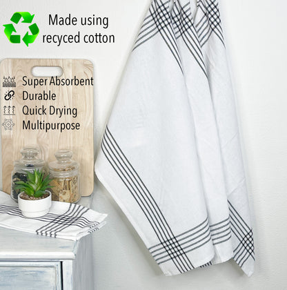 KITCHEN TOWEL SET OF 6 BORDER STRIPES, 18''x28'',BLACK-WHITE