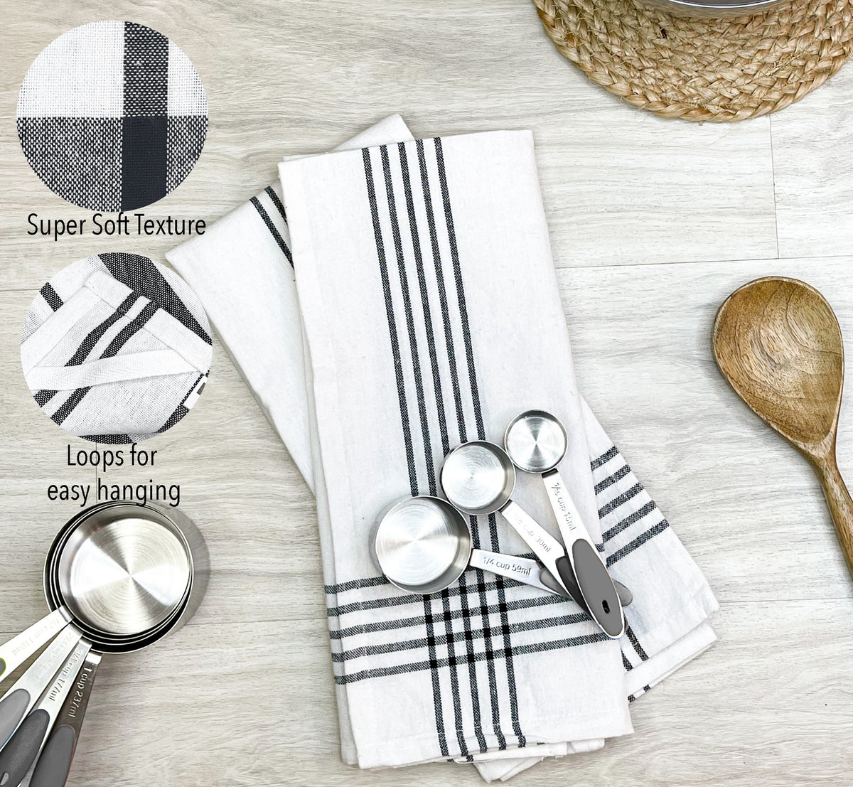 KITCHEN TOWEL SET OF 6 BORDER STRIPES, 18''x28'',BLACK-WHITE