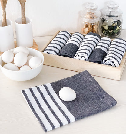 KITCHEN TOWEL SET OF 6 CENTER STRIPES, 18''x28'',BLACK-WHITE