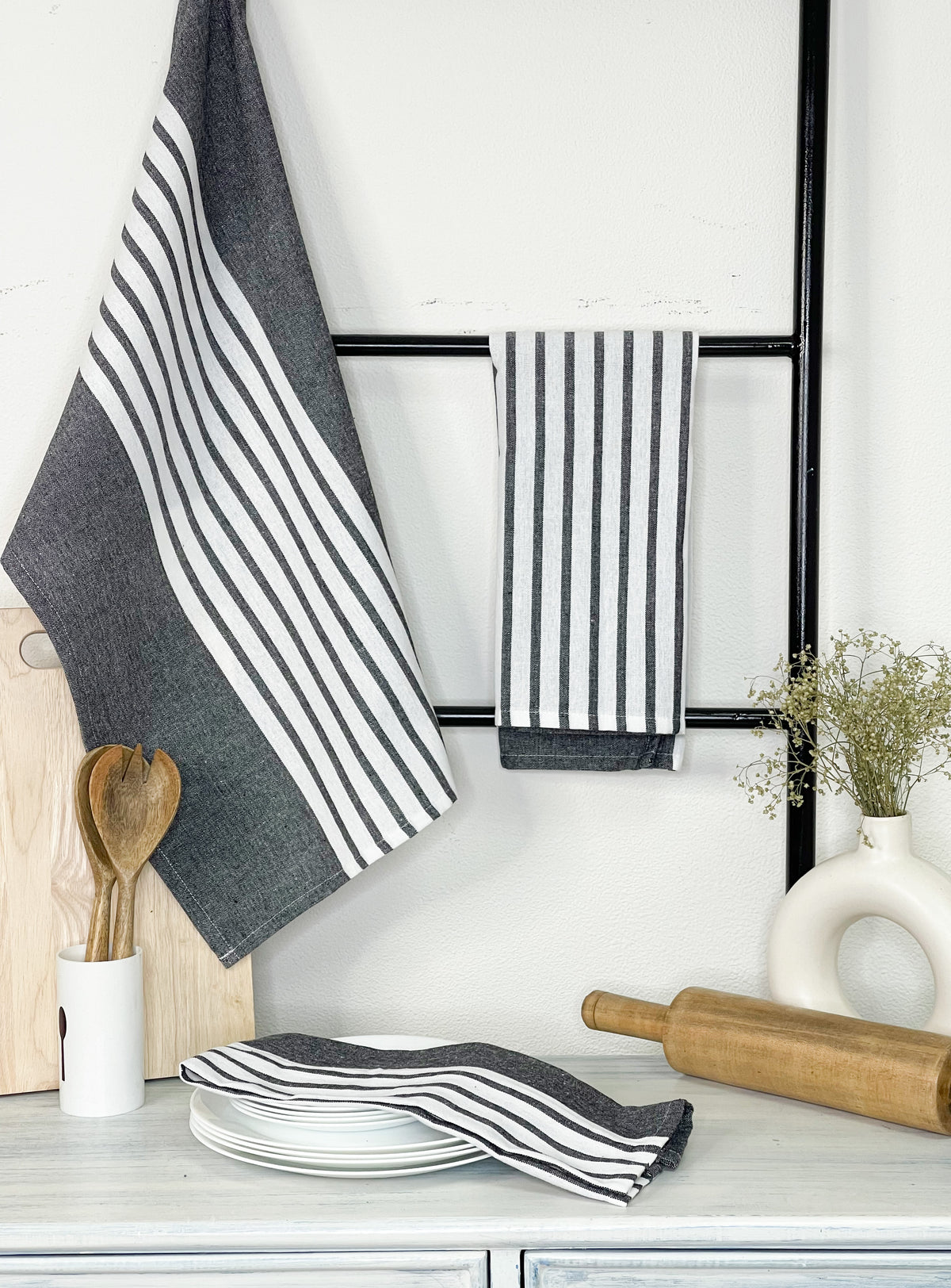 KITCHEN TOWEL SET OF 6 CENTER STRIPES, 18''x28'',BLACK-WHITE