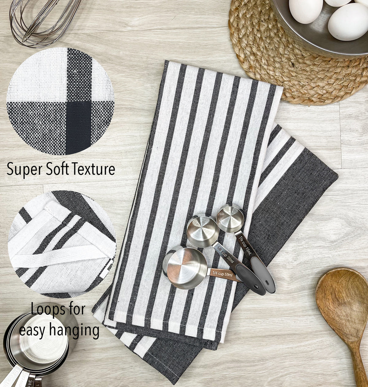 KITCHEN TOWEL SET OF 6 CENTER STRIPES, 18''x28'',BLACK-WHITE