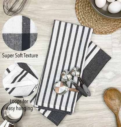 KITCHEN TOWEL SET OF 6 CENTER STRIPES, 18''x28'',BLACK-WHITE
