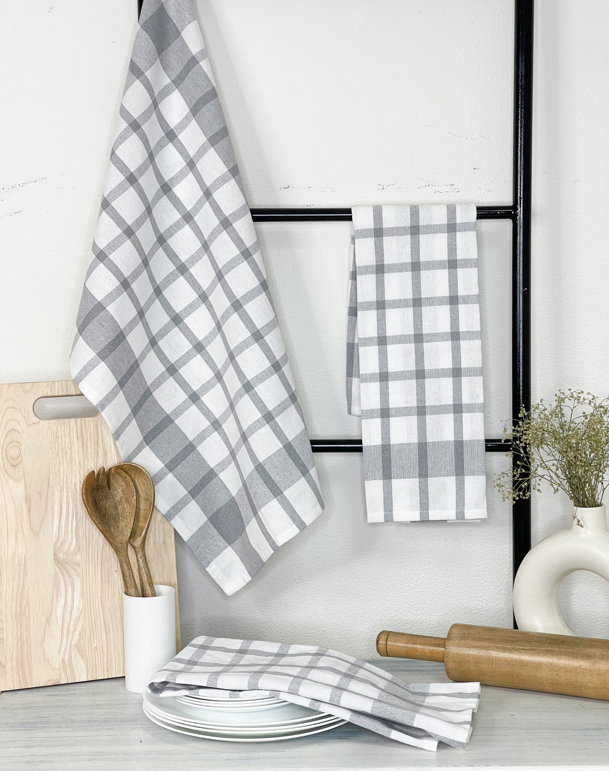 KITCHEN TOWEL SET OF 6 CHECKS, 18''x28'', GREY-WHITE