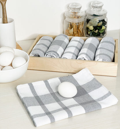 KITCHEN TOWEL SET OF 6 CHECKS, 18''x28'', GREY-WHITE