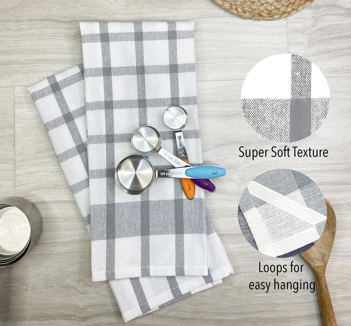 KITCHEN TOWEL SET OF 6 CHECKS, 18''x28'', GREY-WHITE