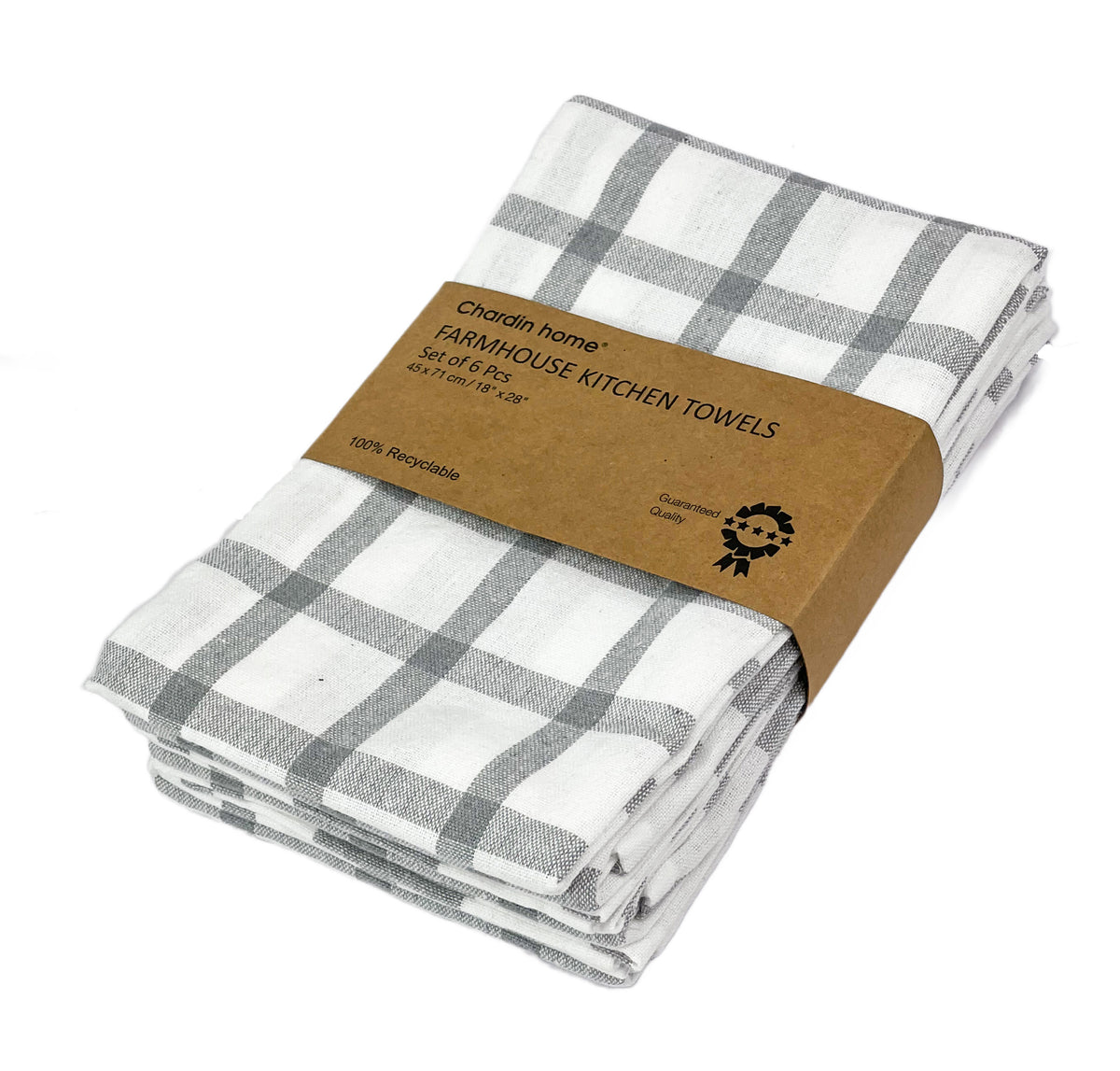 KITCHEN TOWEL SET OF 6 CHECKS, 18''x28'', GREY-WHITE